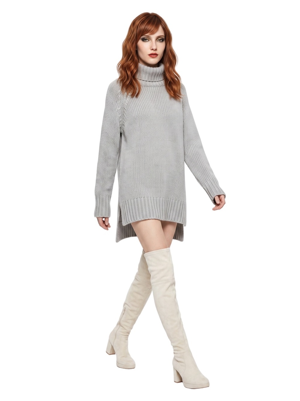 OTHERMIX Gray Longsleeve Turtleneck Tunic Sweater Chunky Mediumweight Hi Lo Hem